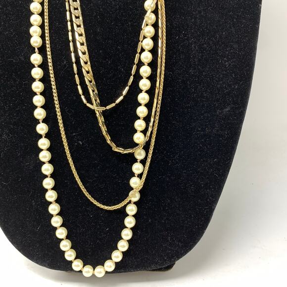 Express Multi Strand Long Statement Necklace Pearls Gold Tone Chains NEW - Picture 3 of 5